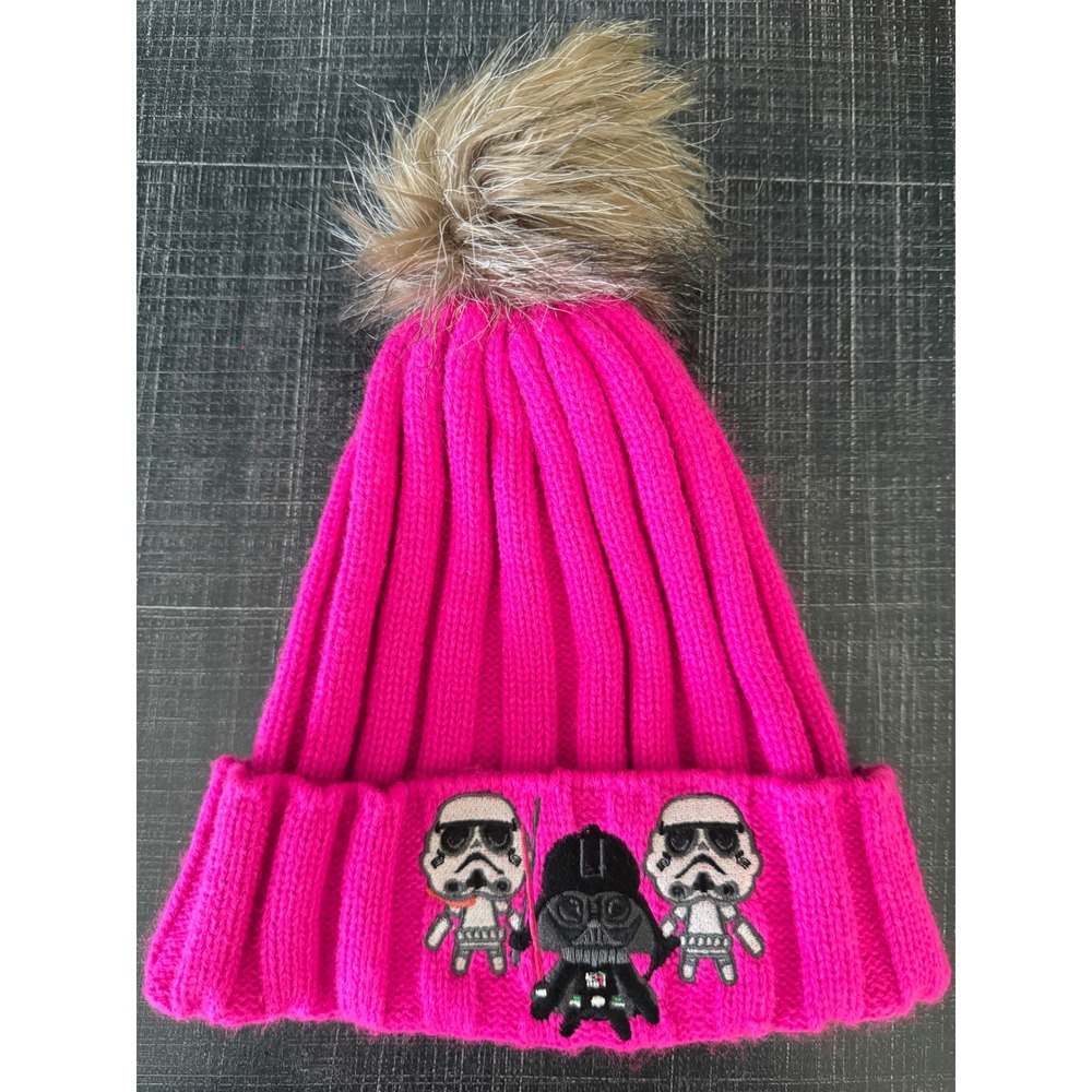 Star Wars Kids Hot Pink Ribbed Beanie Darth Vader Stormtrooper Faux Fur Pom Hat